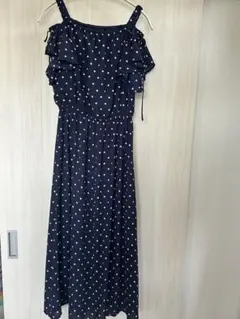 ネイビー 水玉 オフショルダー ワンピース