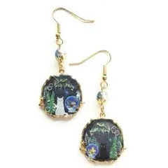 和風　藍色ラメ　冬の景色と猫　ピアス