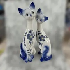 レトロ シャム猫 陶器 置物 ブルー花柄 ペア - メルカリ