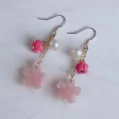 水引　あわじ玉結びと桜のピアス【桃色】