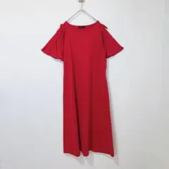 ロングワンピース　半袖カットソー　肩リボン　袖フリル　赤