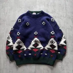 90s古着 かわいいデザイン ネイティブ 幾何学模様 厚手ニットセーター 紺 L