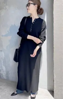 美品⁑スピックアンドスパン　カシミヤ混　フーディニットロングワンピース　ネイビー 美品⁑スピックアンドスパン カシミヤ混 フーディニットロング