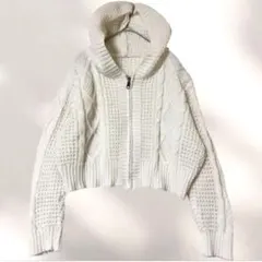 長袖ニットパーカー クロップド丈 白 ホワイト フルジップ 羽織り フード