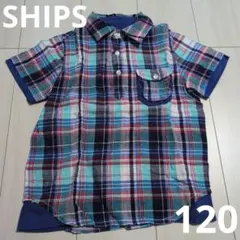 SHIPS 半袖シャツ タータンチェック 青 重ね着風