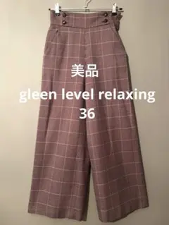 グリーンレーベルリラクシング　チェックハイウエストワイドパンツ36 Sパープル系