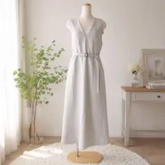 グリーンレーベル 新品タグ付 Vネック リネン風ワンピース 洗濯可 