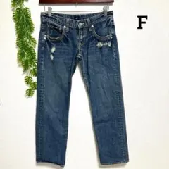 ジーユー・F 綿100% ダメージ加工 ストレートデニム ダークブルー