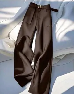 ベルト付き ワイドパンツ ダークブラウン