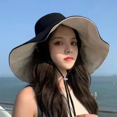 つば広帽子　黒　UVカット紫外線防止日焼け防止　バケットハット　リバーシブル