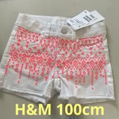 H&M ショートパンツ デニム 女の子 新品 刺繍 ホワイトデニム 100cm