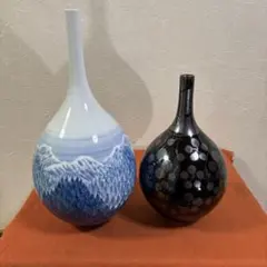 藤井朱明 飾り壺 花器 日展人気作家 鶴首早春 天目梅花瓶 セート有田焼
