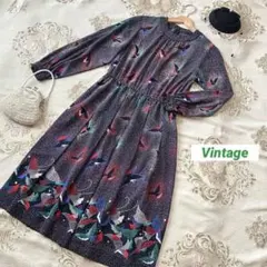 ⭐️レトロ古着　黒　鳥柄　水玉柄　ワンピース⭐️ヴィンテージ 昭和　ブラック　冬春