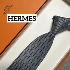 エルメス 極美品 ヘリンボーン調 幾何学模様 ネクタイ ブルーグレー 春