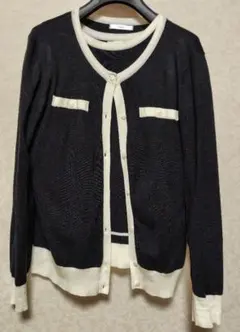 インデックスINDEXバイカラーアンサンブルツインニット五分袖ニット+長袖カーデ