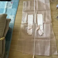 ピンクオーガンジーショール付きサテンロンググローブ　ストール手袋付き２点セット