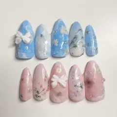 【現品】アシメ♡ブルー×ピンク 押し花ネイル リボン×うるうる 上品ガーリー