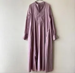 美品 ビアズリー ギャザー切替ワンピース バンドカラー 薄手コットン