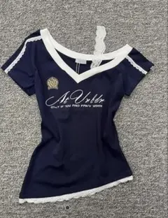 アシンメトリーレース肩紐半袖Tシャツ amood ネイビー