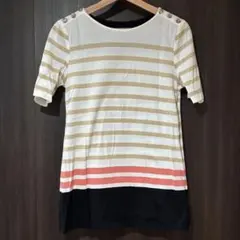 《美品》レリアン　ボーダー柄 半袖カットソー 肩ボタン装飾付き　9号サイズのサムネイル