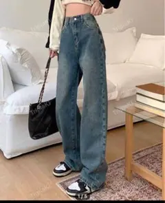 SHEIN 無地柄 ハイウェスト ワイドレッグ ジーンズ ミディアムウォッシュ