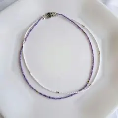 No.243 ビーズネックレス　ハンドメイド　重ね付け2個セット 紫　白