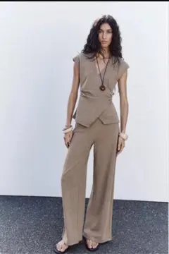 ZARA ザラ テクスチャー トップス ワイドパンツ セットアップ ブラウン S