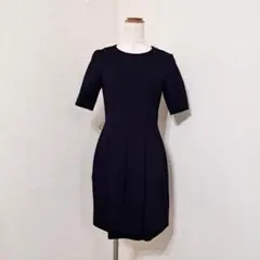 INDIVI【05】半袖ワンピース　濃紺系　伸縮　キレイめ　フォーマル　日本製