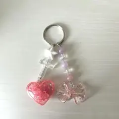 【ハンドメイド】リボンとシャカシャカハートのキーホルダー ピンク/かわいい