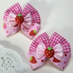 いちご リボン ピンク レース ギンガムチェック ヘアクリップ 2個セット