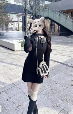 チェック柄フロントオープンリボンミニワンピース ブラック