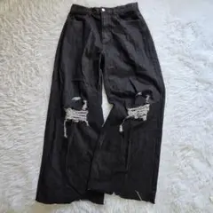 cussil　ルーズシルエットダメージワイドデニムパンツ　Ｌ　カットオフ　バギー