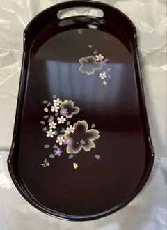 漆器 花柄トレイ 楕円形 深い赤色 日展作家　橋爪靖雄さん監修