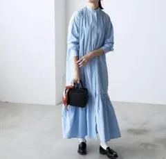 フォルクシー ティアードシャツワンピース ストライプ サックス フリー