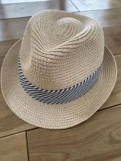 ベージュ ストライプリボン フェドラハット