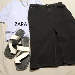 ZARA ザラ ストレッチ入フロントスリット入りデニムスカート ブラック 海外L