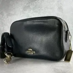 極美品 コーチ Wファスナー カメラバッグ ショルダーバッグ シボ革 ブラック