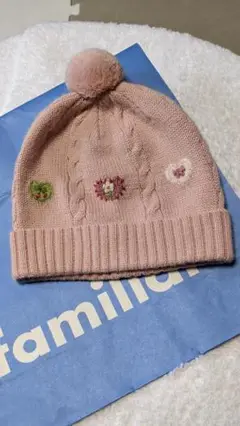 familiar 花柄刺繍ポンポン付きニット帽子