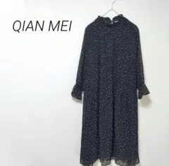 【QIAN MEI】水玉　ワンピース シフォン プリーツ 大きいサイズでも可