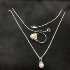 シルバー パール ネックレスとリングセット・刻印有り