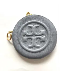 Tory Burch コインケース ラウンドポーチ レザー グレー系 ロゴ 美品