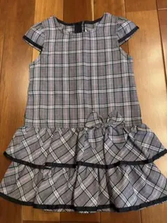 グレー系チェック 半袖ワンピース 110 フリル　リボン フォーマル