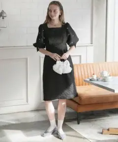 BONLECILL noir パール×リボンボリュームスリーブドレス
