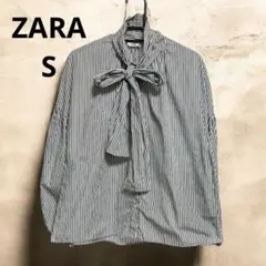 ZARA リボン付き長袖ストライプブラウス　Mサイズ