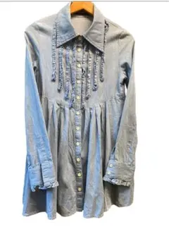 LUCITEフリル付きライトブルー シャツブラウス ミニワンピース デニム