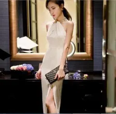 ビジュー付ナイトドレスキャバドレスタイトドレスボディコンパーティーワンピース白L