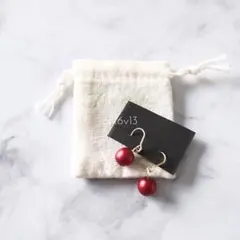 ピアス 14kgf ハンドメイド ボール 玉 パール レッド ボルドー  赤