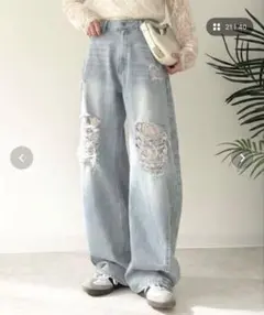 ワイド ダメージデニム ライトブルーのサムネイル