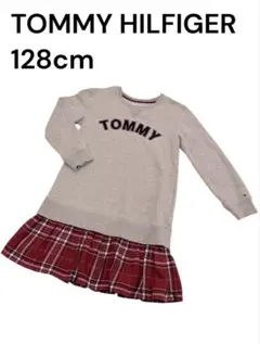 トミーヒルフィガー　ロゴ入り長袖ワンピース 120 130 赤チェック　グレー