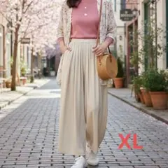 ワイドフレアパンツXLアイボリー ポケット 薄手 ゆったり ガウチョパンツ